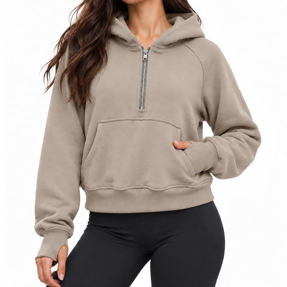 otnbgsr Women's Quarter Zip Hooded Sweatshirt Cropped Long Sleeve Pullover with Pockets Relaxed Y2K Casual Workout Travel Top