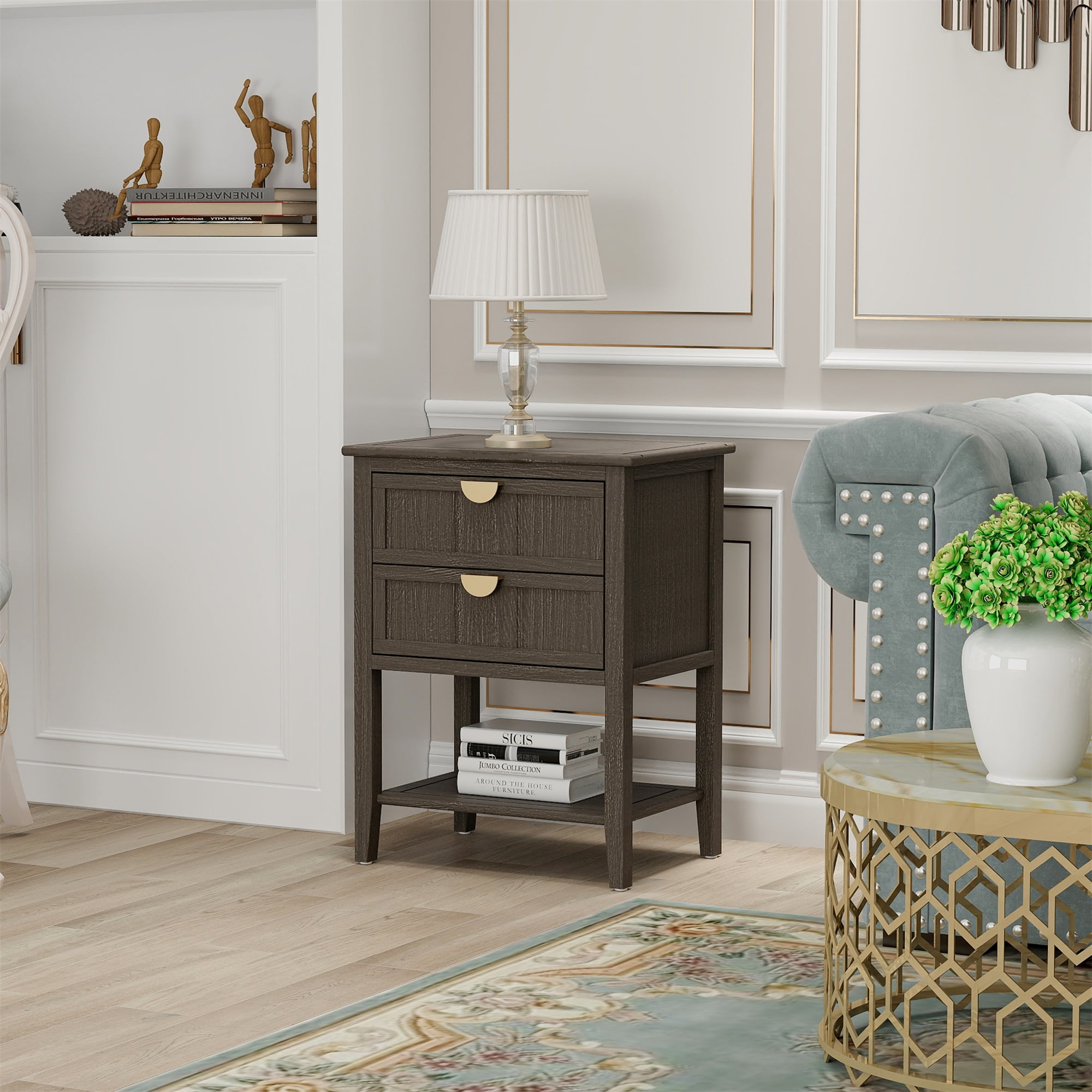 Resenkos Farmhouse Nightstand for Bedroom with 2 Drawers, Metal Handle Storage Bedside End Table, Olive Green Finish Resenkos Farmhouse Nightstand for Bedroom with 2 Drawers, Metal Handle Storage Bedside End Table, Olive Green Finish