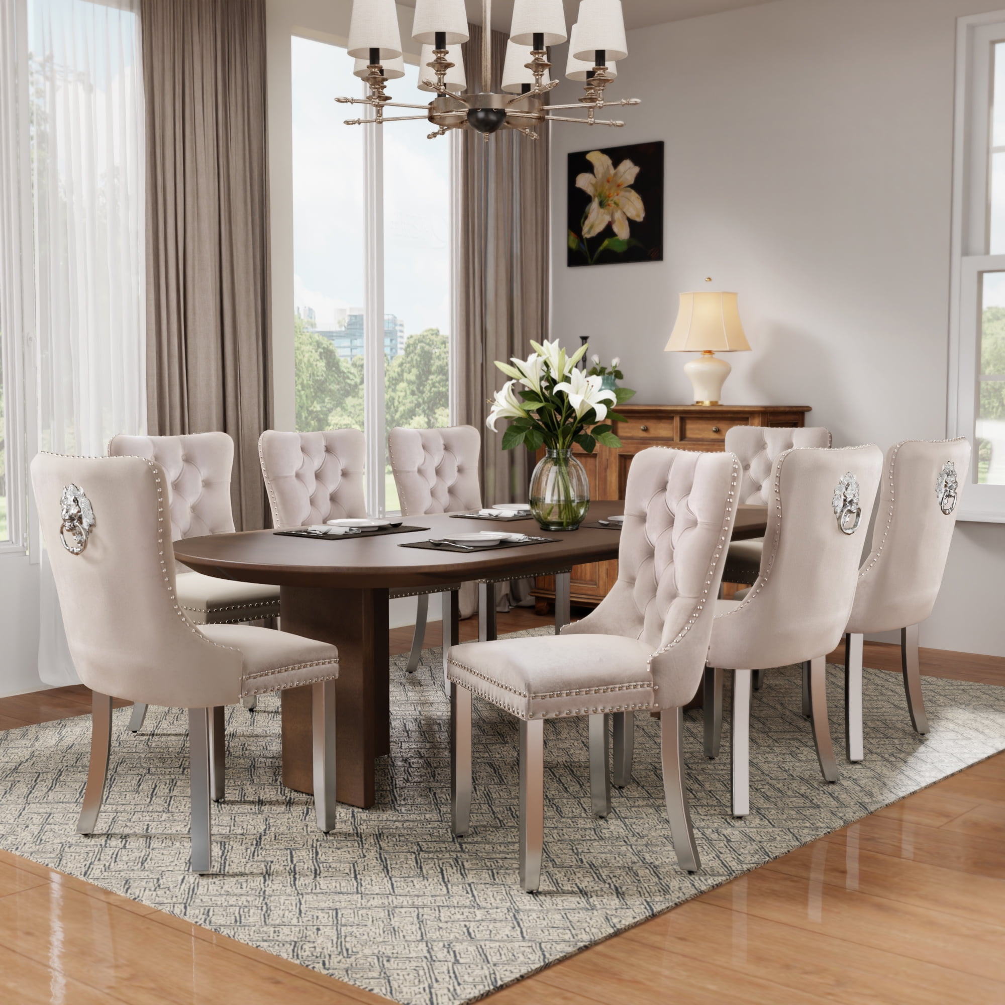 DONICK Velvet Upholstered Dining Chairs,Wing Back Side Chair Tuft Nailhead Ring Pull Metal Legs(Beige,Silver Legs,Set of 2)