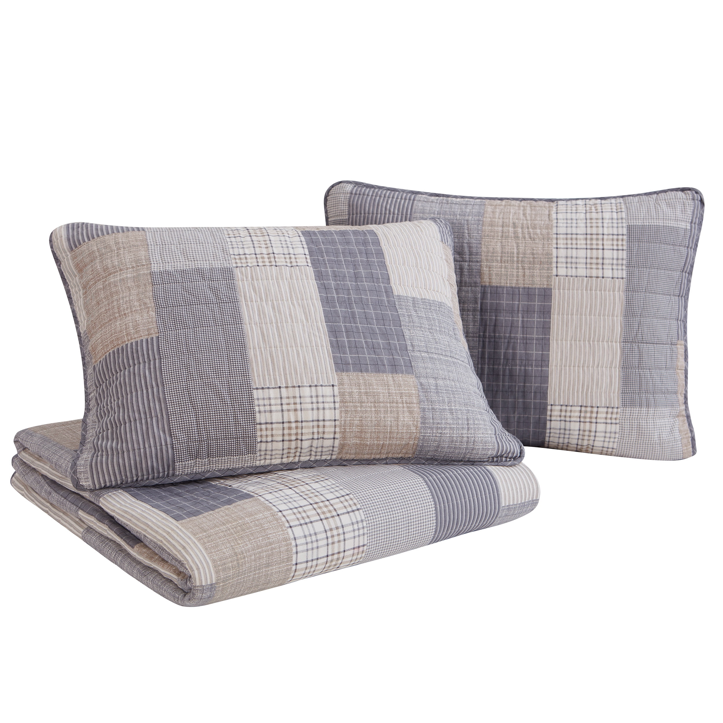 Home Retreat Lakeshore Plaid Grey Soft Cotton 3 Piece Quilt Set - Full/Queen
