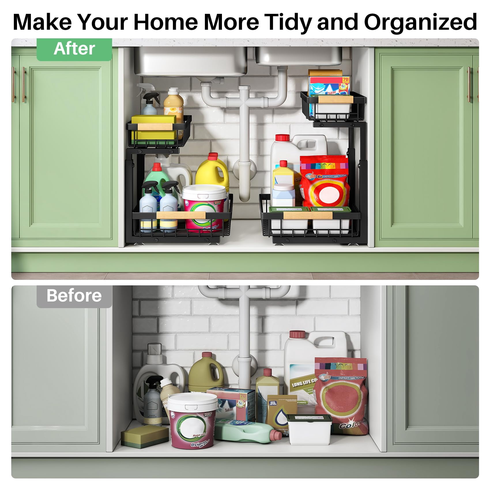 Under Sink Organizer 2-Tier Slide Out Cabinet Storage Shelf Metal Drawer for Kitchen Bathroom Pantry Closet Organization Rack Black 2 Pack