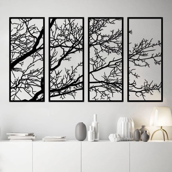 ESTART 4 Pcs Tree of Life Metal Wall Decor, Black Tree Branch Wall Hanging for Indoor Outdoor, Living Room, Garden & Office