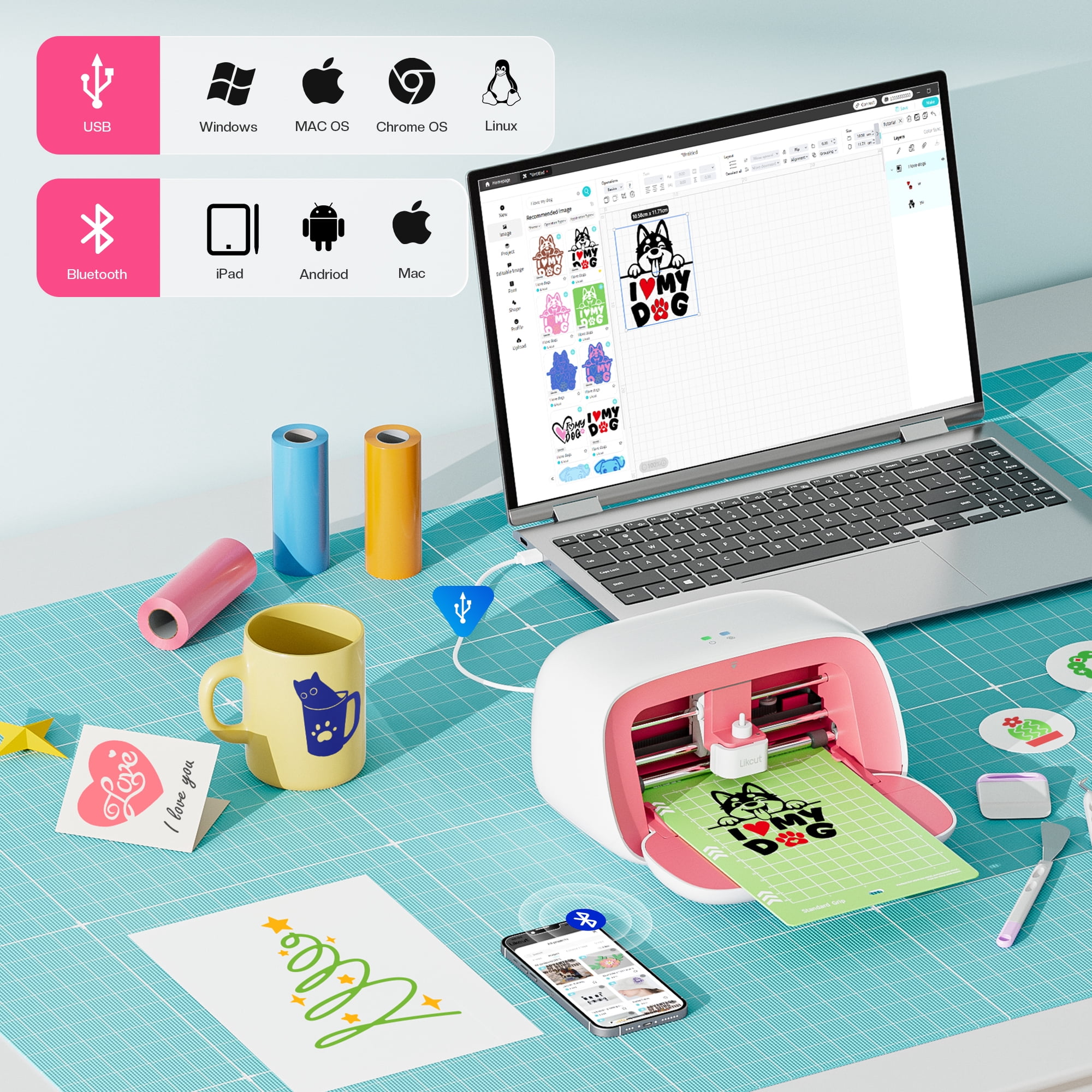 Likcut Joy Vinyl Cutter Machine & Digital Content Library Bundle - Includes 30 Images in Design Space App - Portable DIY Smart Machine for Family & School Fun Projects and Decorations, Pink