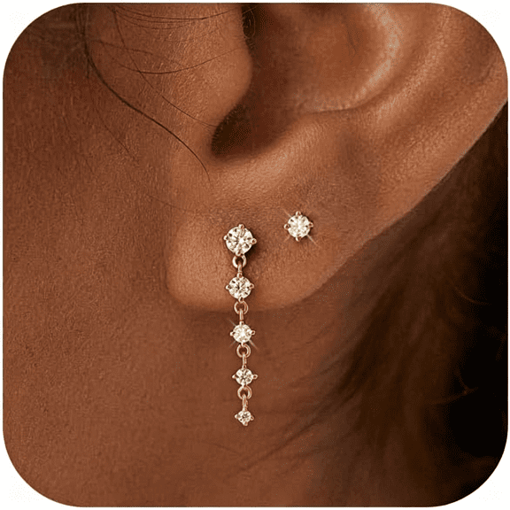 DESIGNICE Gold Silver Earrings Set for Women 14K Gold Silver Plated Dangle Studs Hoop Huggie Earring Pack Multiple Piercing Dainty Cartilage Earring Hypoallergenic Trendy Cubic Zirconia Earring Stack