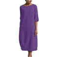 thumbnail image 2 of CHOK Robe en Coton et Lin pour Femmes Grande Taille Manches 3/4 Col Rond Coupe Ample Robe Midi Unie, 2 of 4