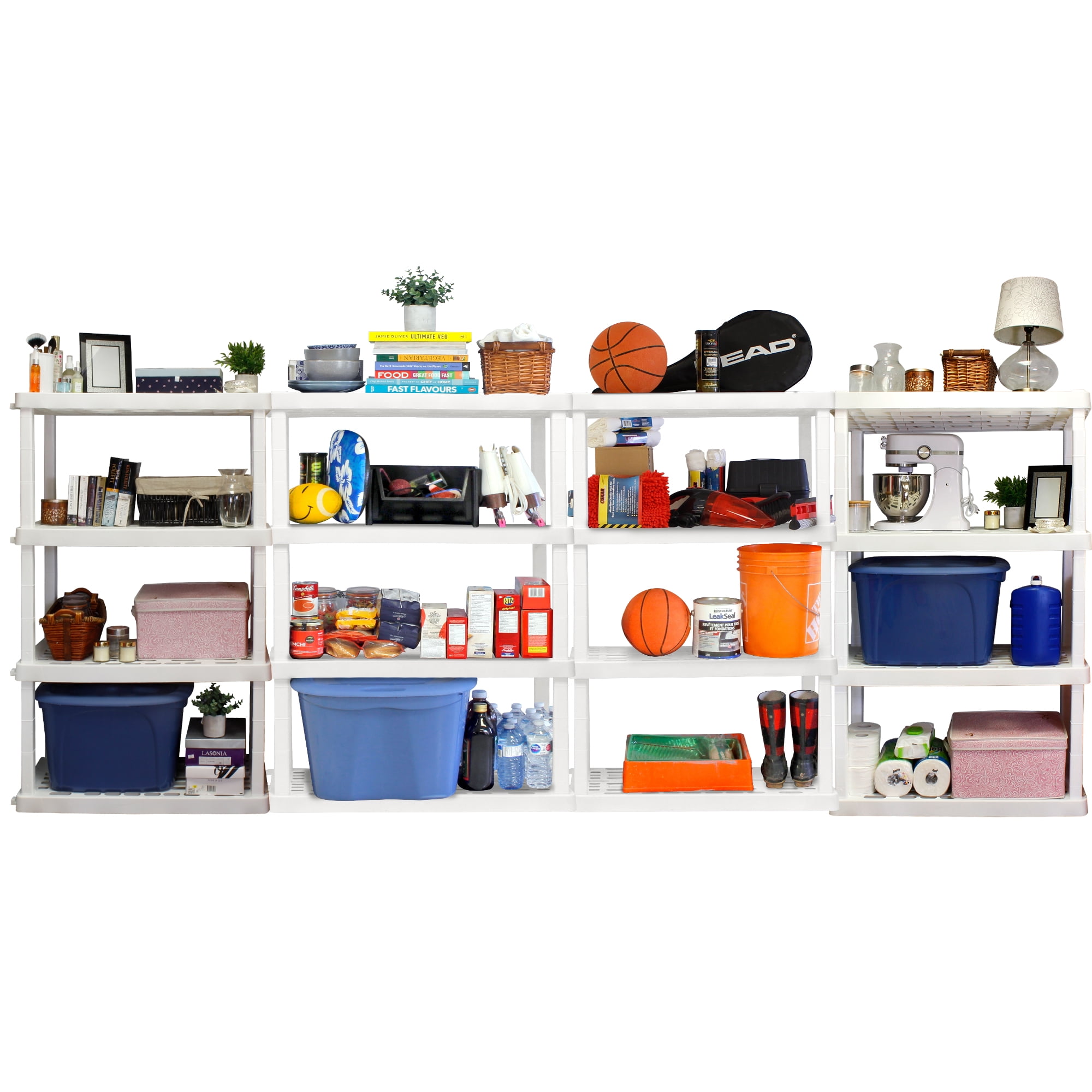 Hyper Tough Plastic Storage Shelves 4-Tier 56"H x 18"D x 37"W 2-Pack White 600 lbs Total Capacity