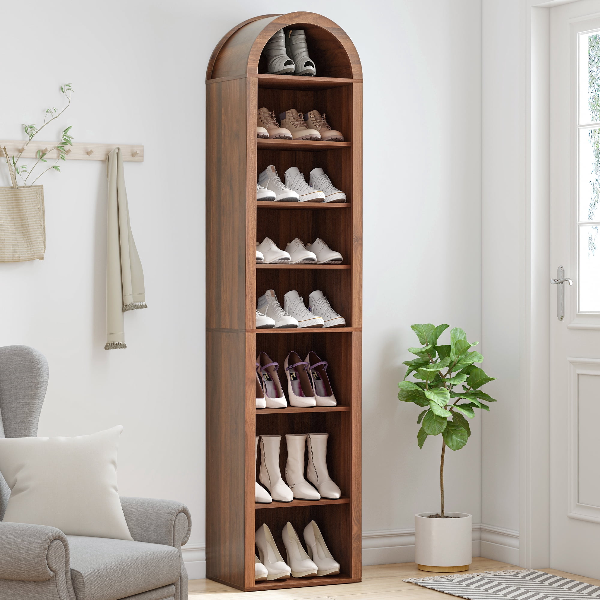 LEFHDA Narrow 8-Tier Arched Bookcase – Walnut, 15.7-Inch Wide Open Shelf for Books, Media Storage (CD/DVD), Bathroom, or Entryway