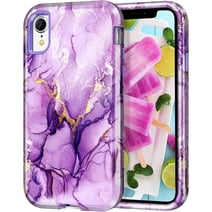CASEFIV for iPhone XR Case,Heavy Duty Three Layer Marble Pattern Shockproof Full Body Protection Phone Cover for Women Girls,Purple