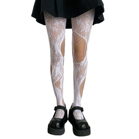 

Women Gothic Fishnet Pantyhose Ripped Holes Rose Floral Patterned Mesh Tights