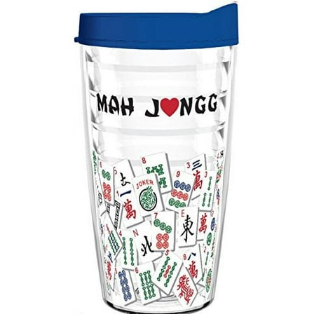 Tumbler 16 oz - Mah Jongg Tile Design Tritan USA Drinkware (Blue Lid)