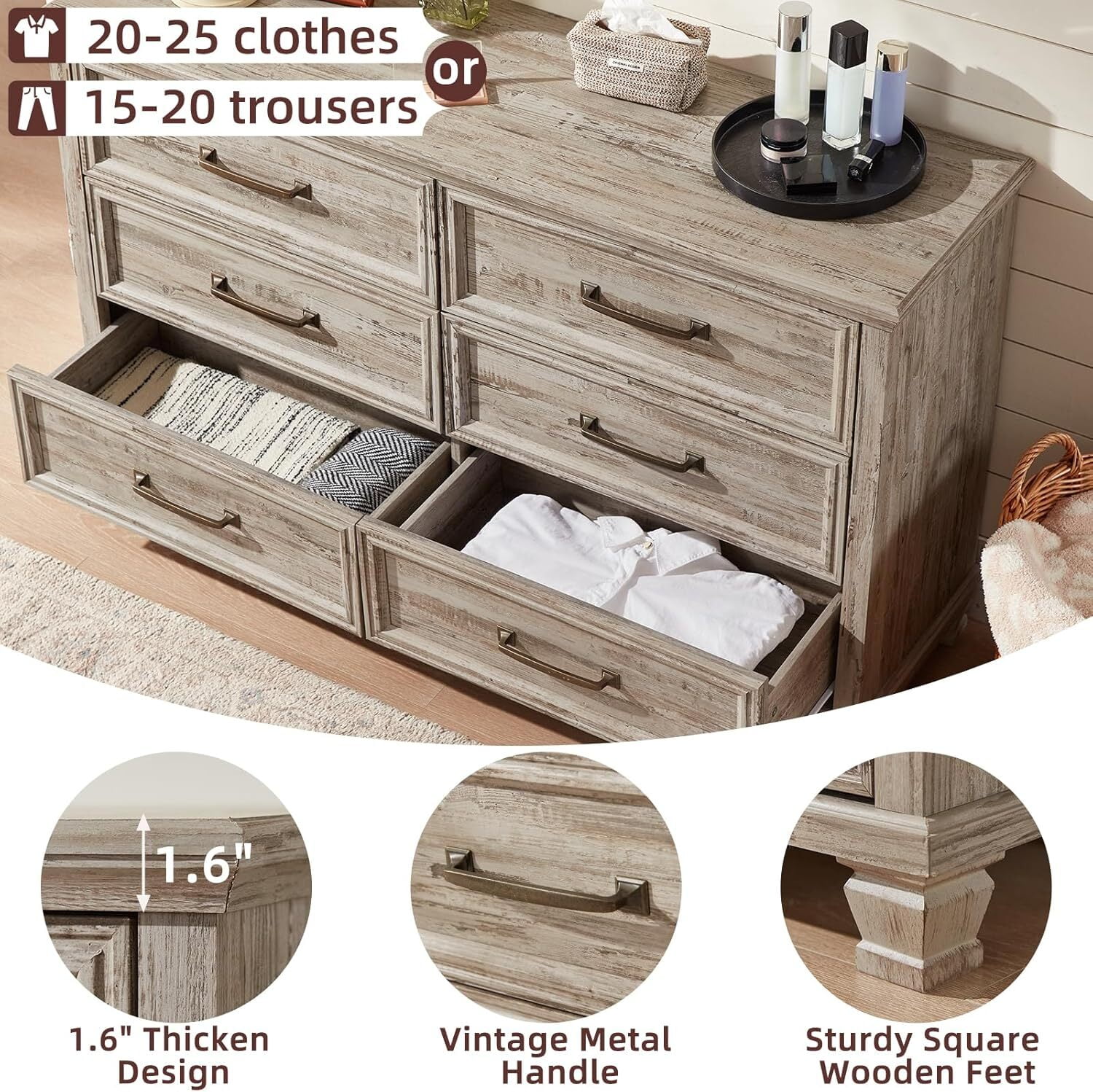 LELELINKY 6 Drawer Wood Dresser Furniture, Double Tier Storage Cabinet for Bedroom & Living Room, Grey Finish
