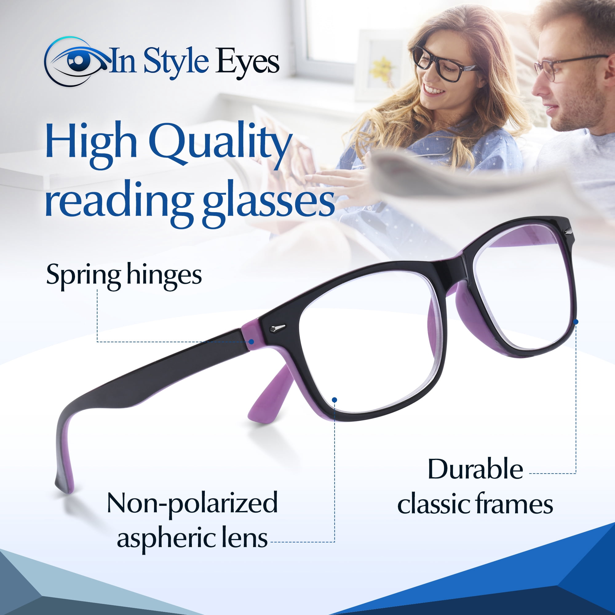 In Style Eyes Powerful High Magnification Men's Reading Glasses, Portable, Single Vision, Plastic, Classic, 1 Pair, Clear Tint, Purple 5.5x