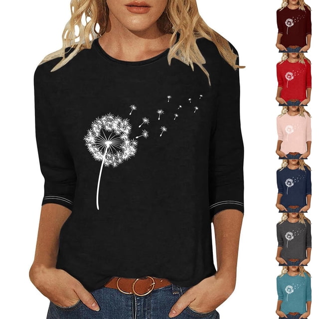 Économies d'Automne! Chemises pour Femmes Habillées Décontractées, Chemises à Manches 3/4 pour Femmes, Tuniques à Manches Courtes Grande Taille pour Femmes, T-shirt Imprimé Mode Boho à Manches 3/4 Col Rond Hauts Décontractés