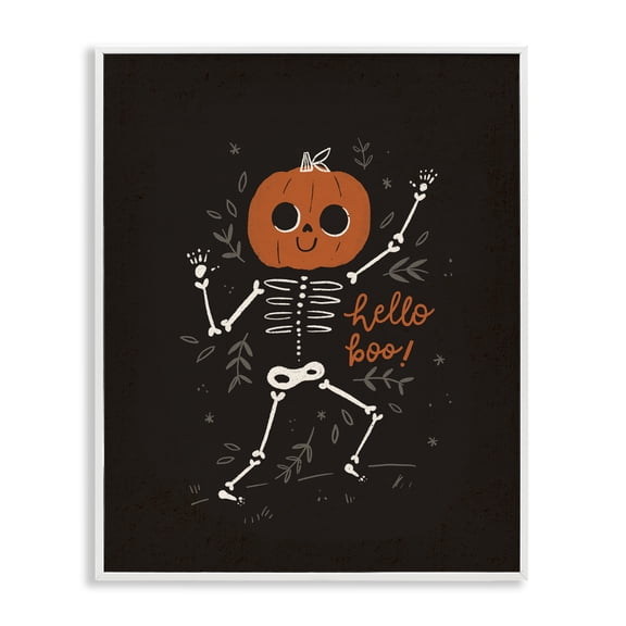Stupell Industries Cottage Hello Boo Halloween Smiling Skeleton White Framed Giclee Art, 11 x 14, by Loni Harris