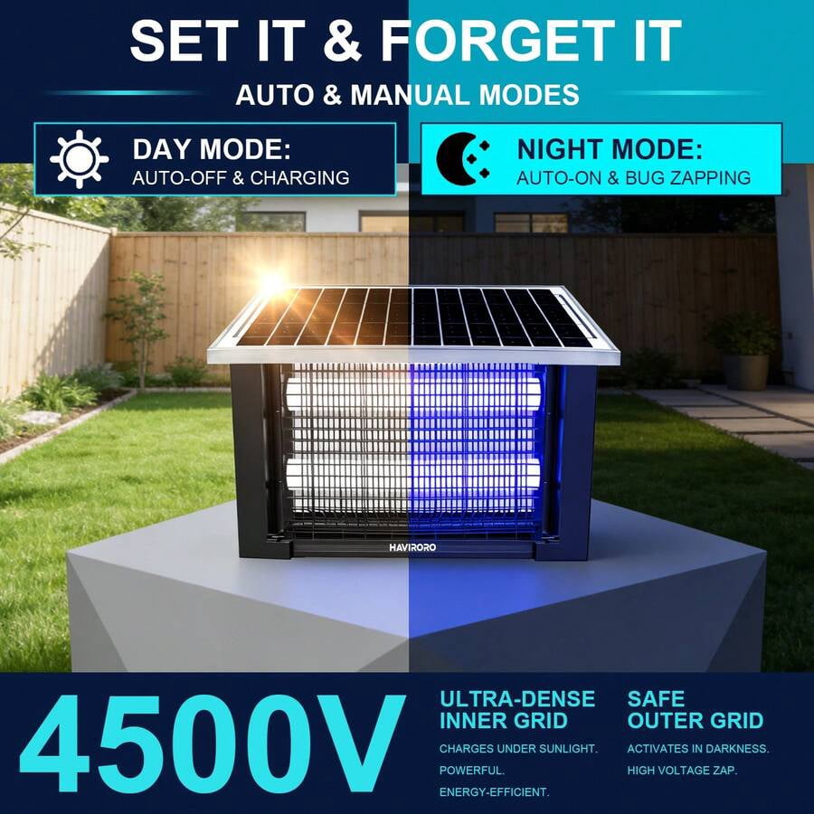 Rechargeable Outdoor Solar Bug Zapper with LED Night Light, Electric Insect Zapper for Patio, Backyard, and Garden Use
