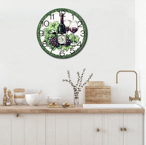 Eveokoki Wall Clock Wine Grape Wood Battery Operated Silent Non-Ticking Clock Decorative for Home Kitchen Living Room Office Bathroom Bedroom 10 Inch