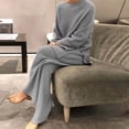 thumbnail image 2 of Traje para casa para mujer, moda de otoño, Jersey informal suave con cuello redondo, Tops + pantalón de punto, nuevo pijama para el hogar, conjunto de dos piezas liso de invierno para mujer, 2 of 4