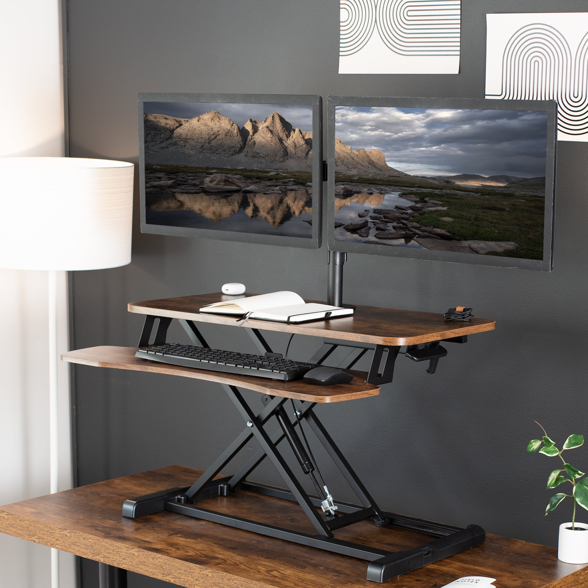 VIVO Vintage Brown/Black 32" Standing Desk Riser with Dual 13"-30" Monitor Mount