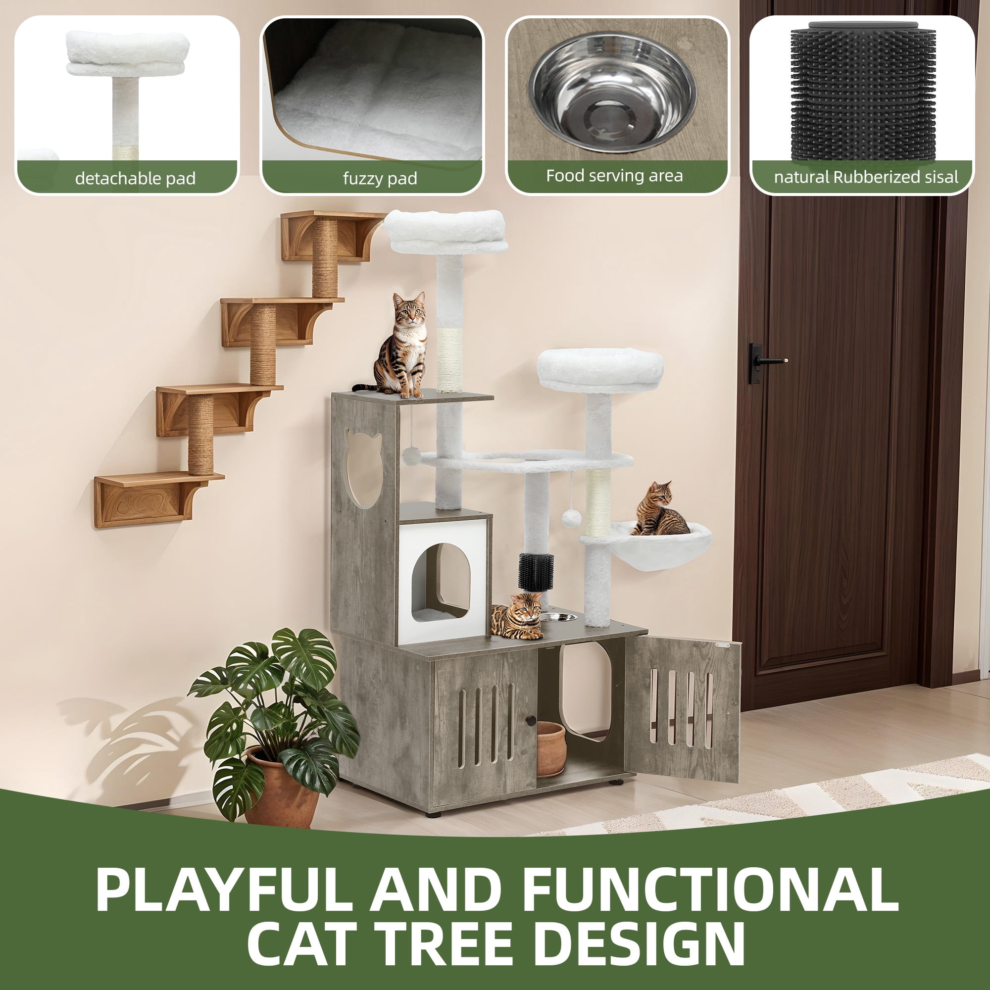 Uforic 59" Modern Wood Cat Tree for Indoor with Litter Box Enclosure and Cat Condo, 2-in-1 Cat Furniture with Scratching Posts & Hammocks, Gray
