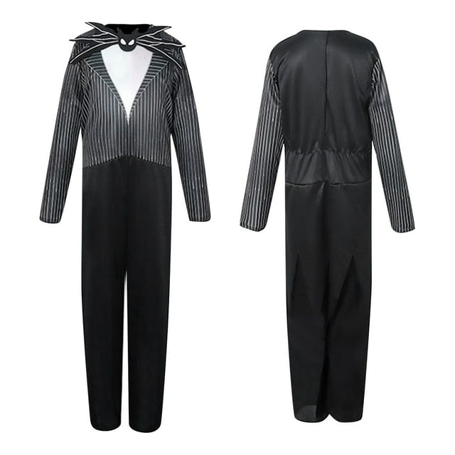 nvse* stripe tail coat jack costume kids skellington costume christmas jack jumpsuit halloween costume(black )185 front and back view of a black children's jumpsuit with white pinstripe long sleeves and lapel forming a tailcoat silhouette, decorative bat-style collar and 3D chest print, back zip closure and straight legs; mask pictured separately, ideal for Halloween cosplay.