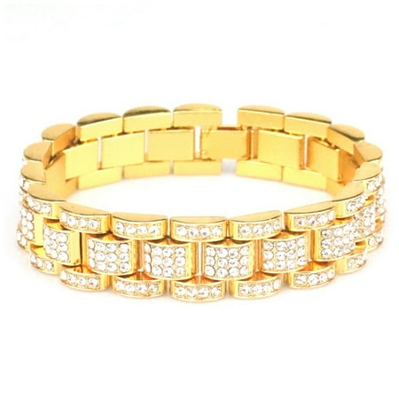 24 K Gold Bracelet KABOER 24K Gold\/925 Silver Plated Stainless Steel Chain Charm Bracelets Iced Diamond Thick Cuban Link Chain Bracelet Hip Hop Jewelry Gifts ()