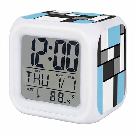 Alarm Clocks Modern Geometric Splicing Digital Clock 7 Color LED Night Light Silent Non-Ticking Battery Operated Abstract Sky Blue Blocks Cube Clocks for Bedroom Bedside Living Room Office School
