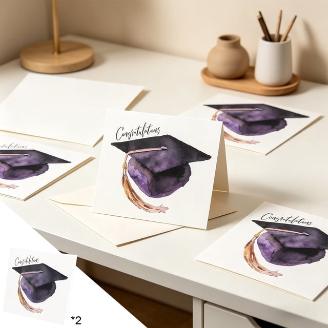 shyuyusa Watercolor Grad Cap Greeting Card, Blank Paper Graduation Message Card with Matching Envelope for Graduate Handwritten Blessing