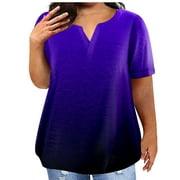 Huresd Women Plus Size Tops Casual Shirt for Work Office Work Shirts Gradient Print Women's Summer Round Neck Blouses Purple 3XL