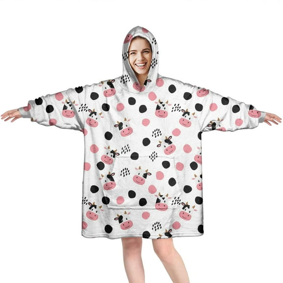 Wearable Oversized Blanket,White Cow Dot Pattern Wearable Blanket Hoodie for Adults,Cozy Hooded Blankets with Super Pockets,Super Warm Fuzzy Pullover for Women & Men