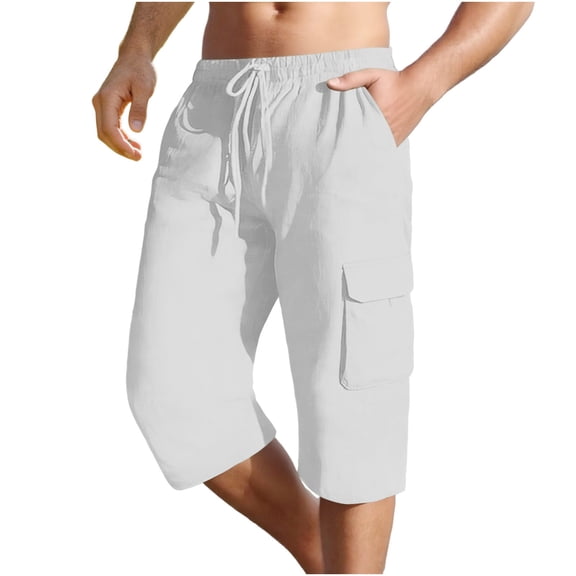 OGLCCG Cotton Linen Capris for Men Summer Elastic Waist Lightweight Cropped Pants Loose Fit Drawstring Beach Cargo Pants with Pockets,XL,White