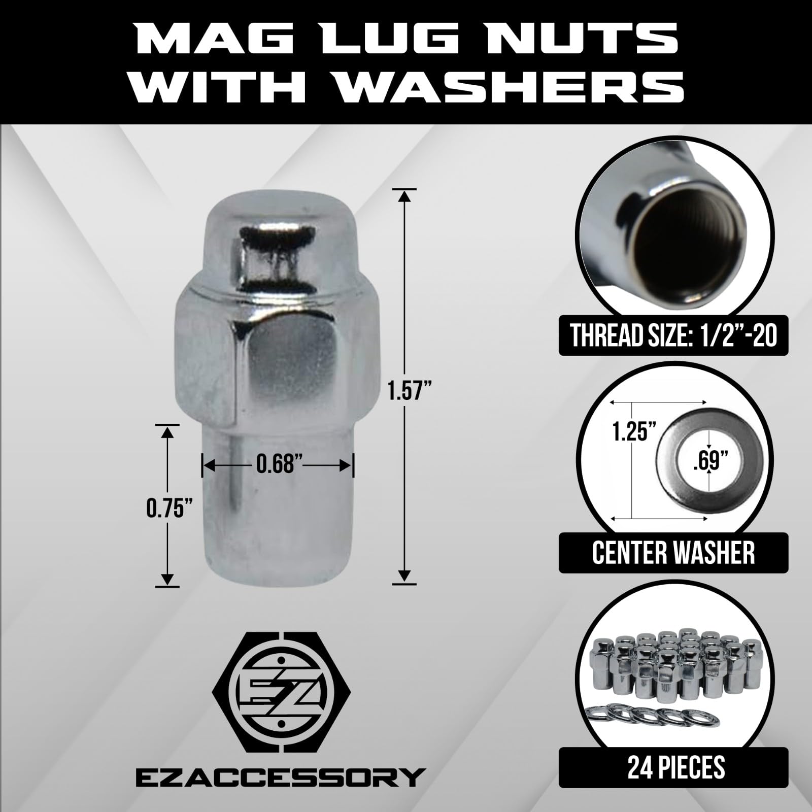 Cragar Standard Mag Lug Nut 1/2"-20 with Center Washer Set of 24 Pcs