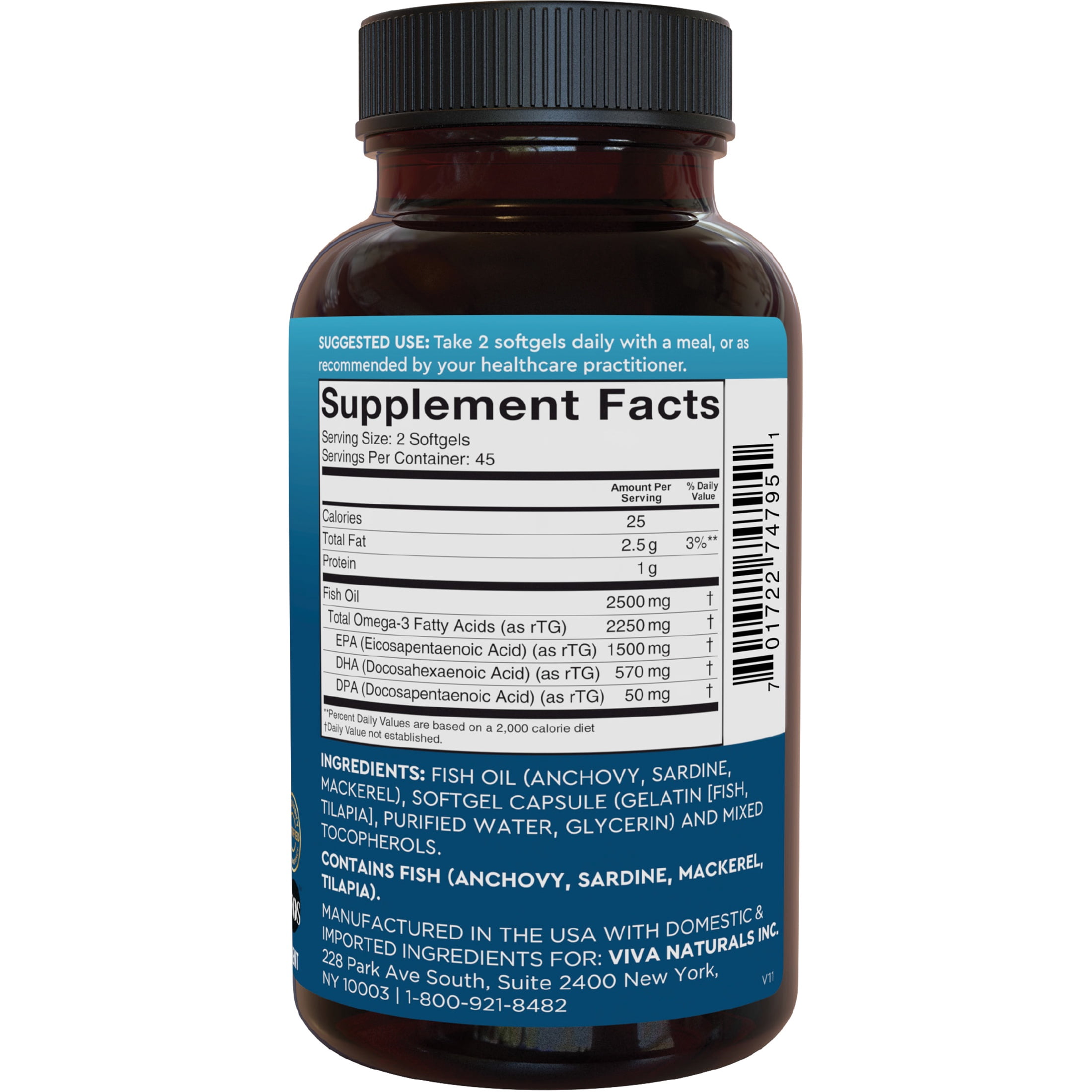 Viva Naturals Triple-Strength Omega-3 Fish Oil Supplement, 2500 mg, 90 Pescatarian-Friendly Softgels
