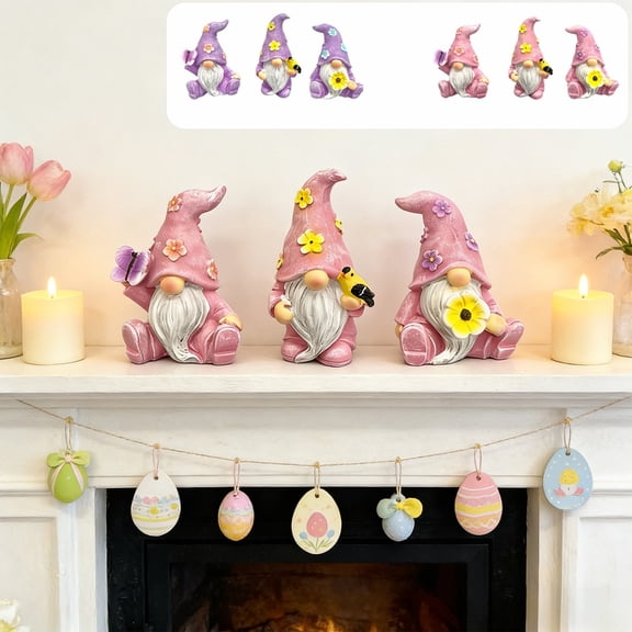 3pcs Easter Gnome Resin Ornaments, Cute Spring Gnome Figurines Desktop Easter Decor, Mini Resin Tomte for Balcony Potted Bonsai Easter Gift Home Tabletop Easter Decoration, Pink