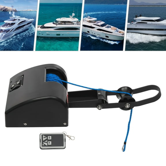 Black Electric Boat Winch with Anchor Roller - 32.8 - 49.2ft Remote Range, PVC Waterproof Wire