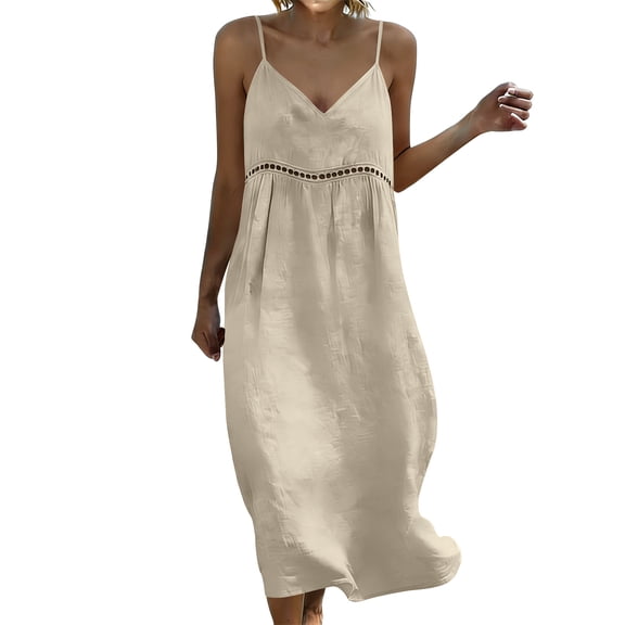fheaev Women's Maxi Dress Linen Spaghetti Strap V Neck Lace Trim Sleeveless for Beach Vacation Beige 3XL