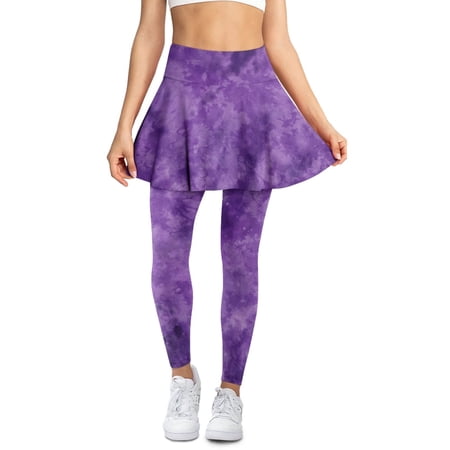 SCRAWLGOD Violet Tie-Dye Fashion Yoga Skirt with Leggings for Women Machine Washable Stretchy Pickleball Skorts Leggings Non See-Through Tennis Golf Clothing S