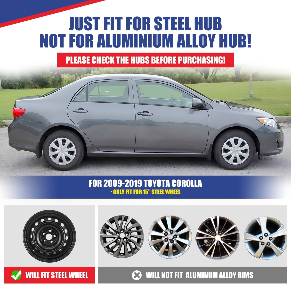 15" Set Of 4 Hubcaps Wheel Rims Cover for 2009-2019 TOYOTA COROLLA Compatible With Steel Wheels Snap On Installation(15-Inch,BLACK MATTE)