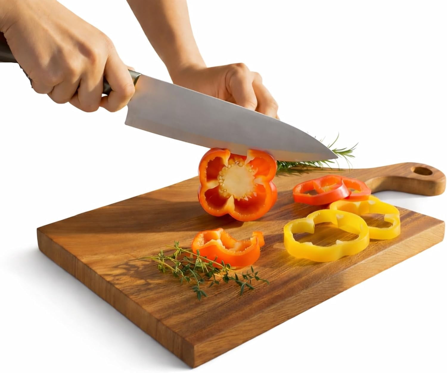 RGHJAR-Acacia Wood Cutting Board with Handle, Single Piece Solid Wood, Double Sided Charcuterie and Bread Board, Knife Friendly Kitchen Prep Board, 17 x 9 Inch