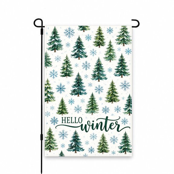 Hello Winter Garden Flag 12 x 18 Inch - Snowflakes and Evergreen Trees Design for Seasonal Outdoor Yard, Lawn, Patio, or Porch Decor