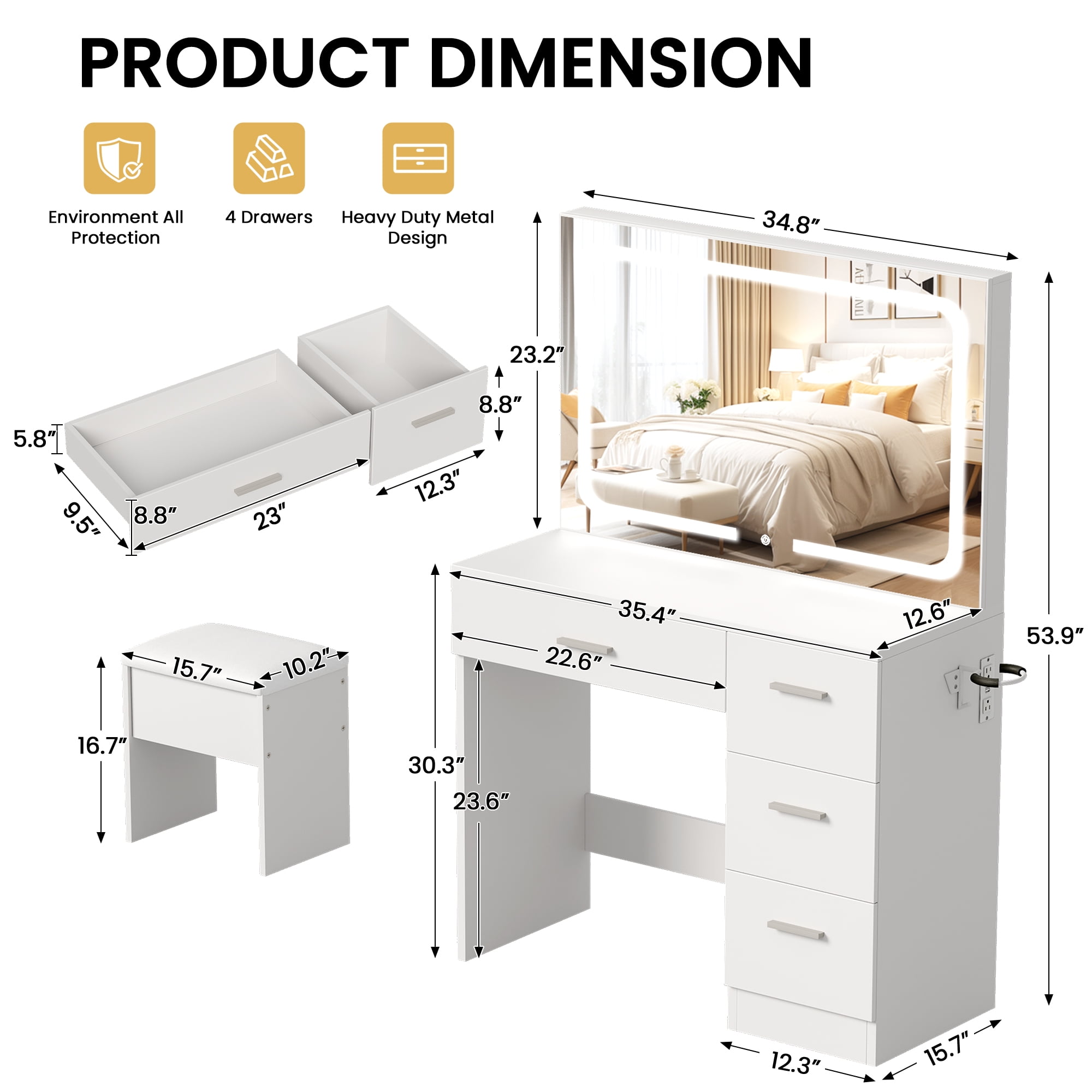 LIVELYGLOW Vanity Set with Mirror&Stool,Makeup Vanity Set with Power Outlet,Vanity Dressing Table with LED Light for Bedroom,White