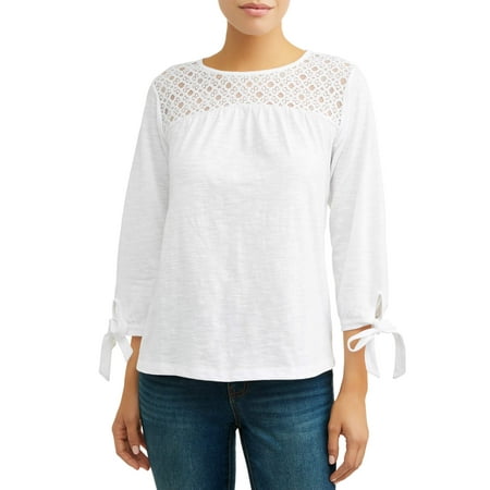 - Women's Long Sleeve Lace Yoke Peasant Top