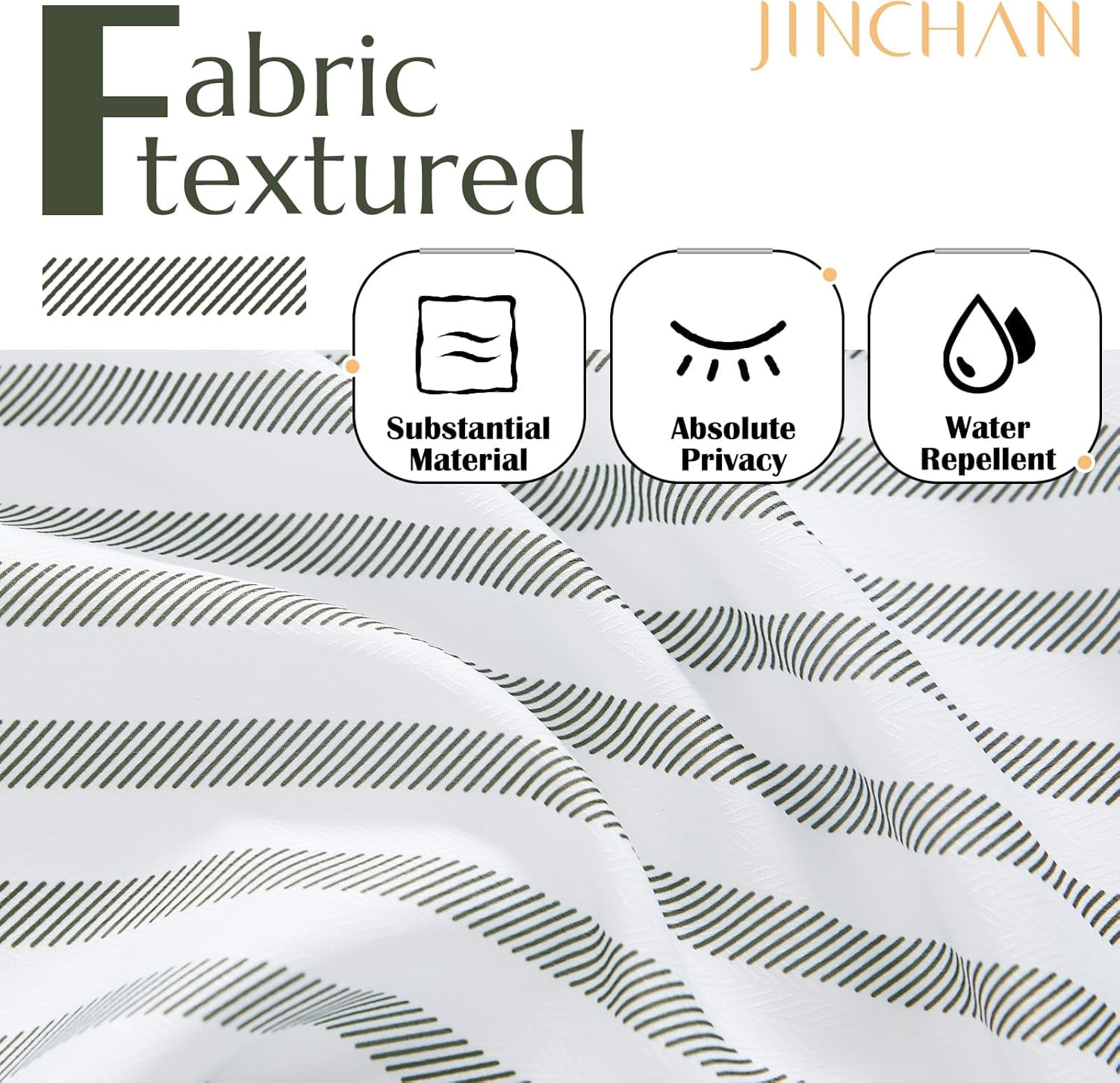 White Shower Curtain with Greenblack Stripes Waterproof Fabric Shower Curtain for Bathroom Modern Neutral Farmhouse Shower Curtain 70x72 inches with Hooks Shower Curtains Set Spa Hotel Dorm
