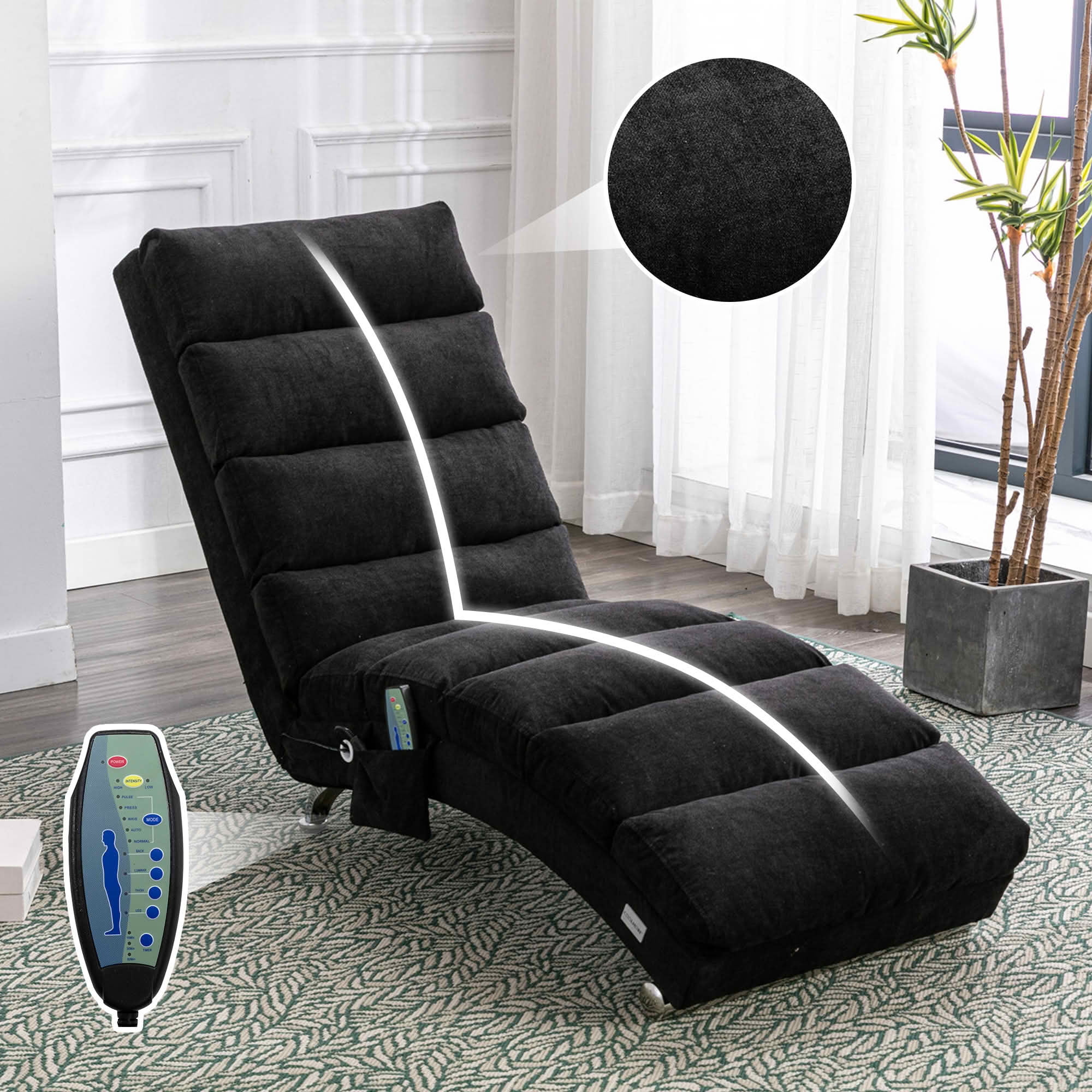 MAYEERTY Vibrating Upholstered Chaise Lounge Chair, Ergonomic Fixed Back Fabric Recliner Sofa with Side Pocket Remote Control for Living Room Bedroom