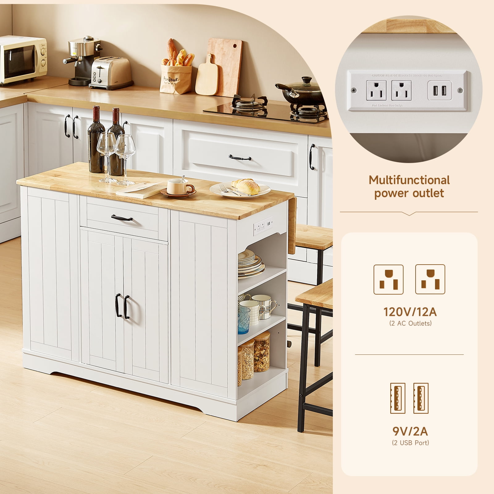 ROGALIS 47"Kitchen Island with 2 Chair, White – picture 5