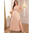 thumbnail image 3 of Champagne Plus Size Sleeveless Sequin Lace Bodice Satin Split Thigh Formal Evening Gown, 3 of 8