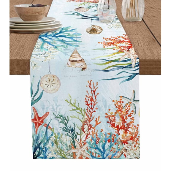 ERUNPONLY Coastal Coral Table Runner - 90 Inch Long Summer Beach Ocean Shell Starfish Cotton and Linen Blended Dress Scarves Farmhouse Table Runner for Kitchen Dining, Coffee Table, 13"x90"