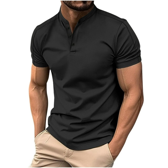 pstuiky camisetas para hombre, Camiseta informal de manga corta con cuello vuelto, botones y abertura lateral para hombre camisas casuales para hombre xl