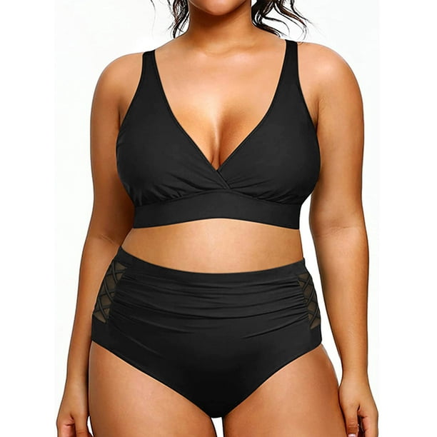 Womens Plus Size V Neck Bikini Set Two Piece High Waisted Swimsuits
