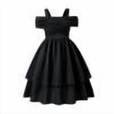 DHFJKG Dresses Girls' Elegant One Shoulder Tiered Double Layer Flared Dress For Ages 8 12 Solid Black Stylish Dress