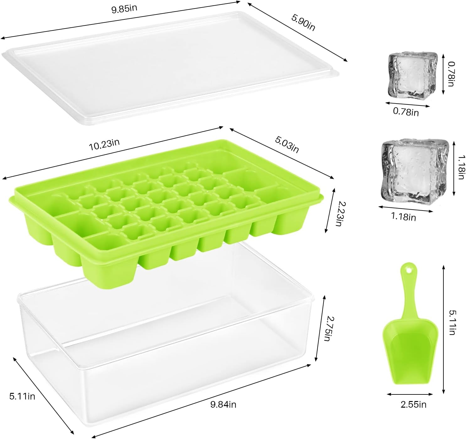 Ice Cube Tray with Lid and Bin for Freezer, Easy Release 36 Nugget Ice Tray with Cover, Storage Container, Scoop. Perfect Small Ice Cube Maker Tray & Mold. Flexable Durable Plastic, BPA Free (Green)